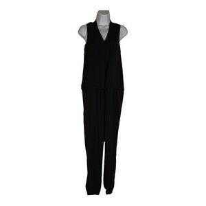 SMALL CQ BY CQ BLACK JUMPSUIT ZIP FRONT SLEEVELESS BRUSHED SATIN GOTH VNECK